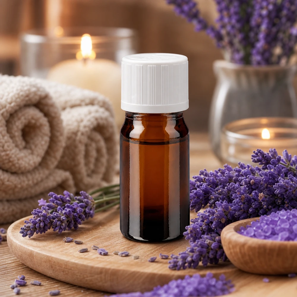 Apoteksflaske brun 5ml skruelåg hvid KiSi St Aromaterapi-flaske i brunt glas, 5 ml, med hvid børnesikret låg på træbakke med lavendel