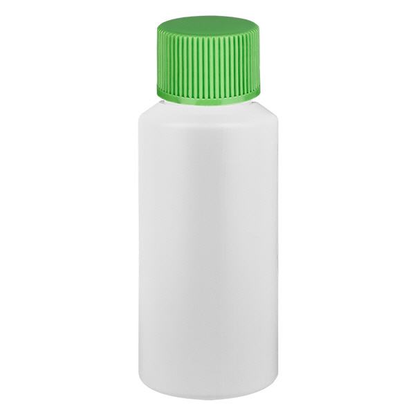 Apoteksflaske HDPE 30ml hvid, med grøn SV Apoteksflaske HDPE 30ml hvid, med grøn SV