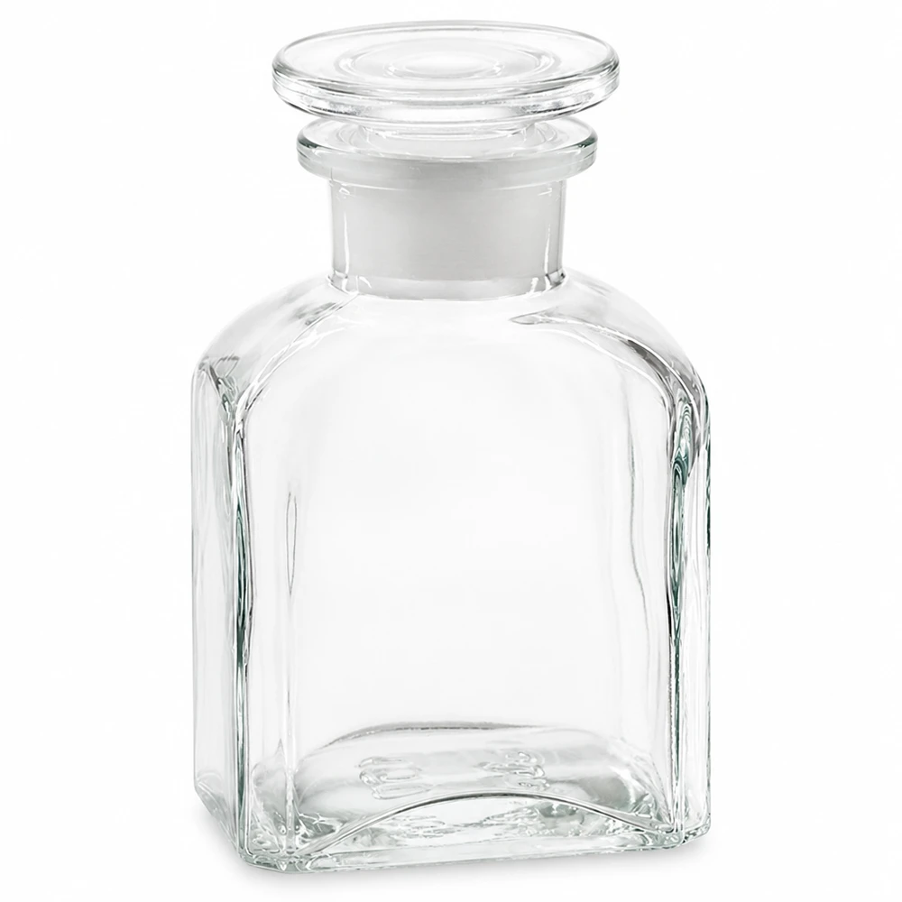 Firkantet flaske 150 ml klar glasprop med bred hals Firkantet flaske, 150 ml, klar, med glasprop, fremstillet af glas af høj kvalitet til laboratorie- og husholdningsbrug