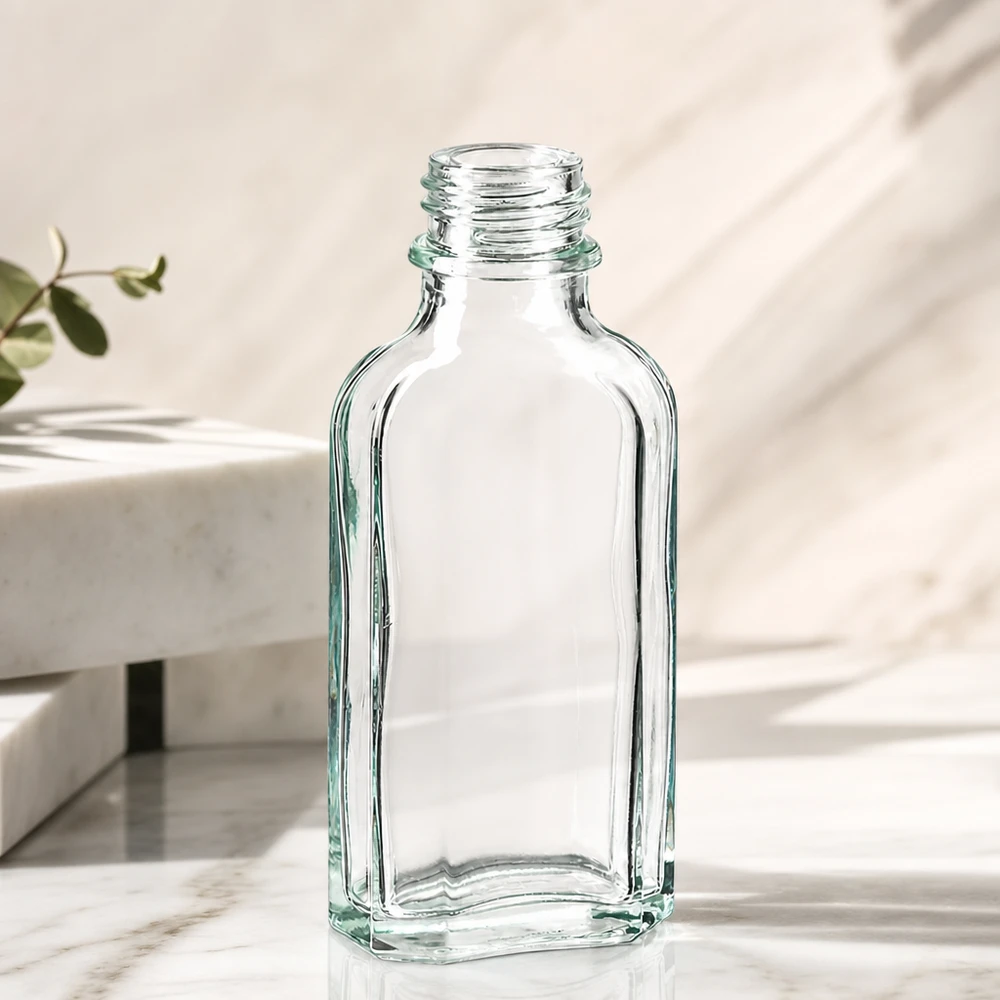 Gennemsigtig flaske med flad bund, 50 ml, med DIN22-gevind til æteriske olier og kosmetik