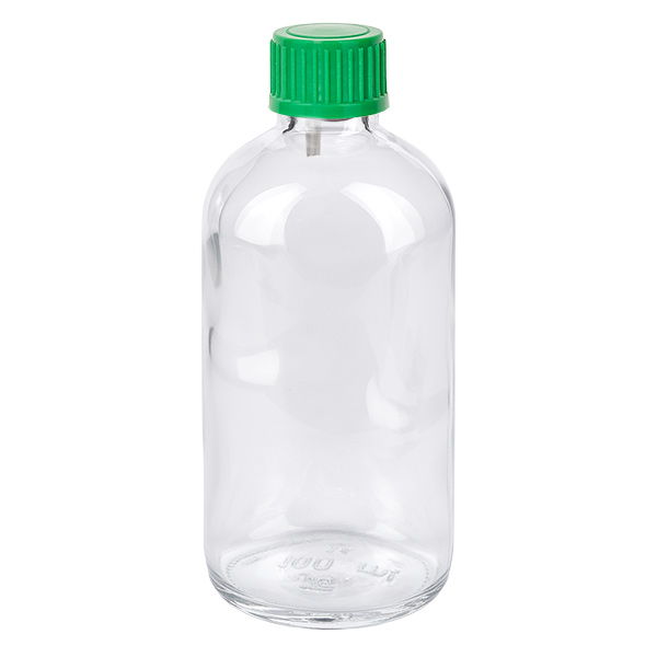 100 ml dråbeflaske 0,8 mm grøn STD ClearLine UT18/100 100 ml dråbeflaske af klart glas med grøn skruelåg, ClearLine UT18