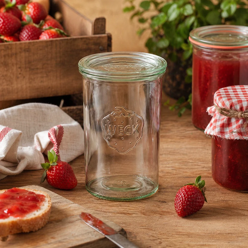 1000 ml Briller med glaslåg WECK RR100 WECK RR100 1000 ml glas arrangeret dekorativt i et rustikt køkken med jordbær og hjemmelavet marmelade