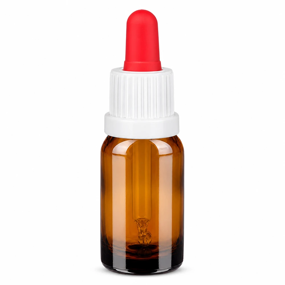 10 ml pipetteflaske hvid/rød OV BrownLine UT18/10 10 ml pipetteflaske af ravfarvet glas med hvid hætte og rød dråbetæller til præcis dosering
