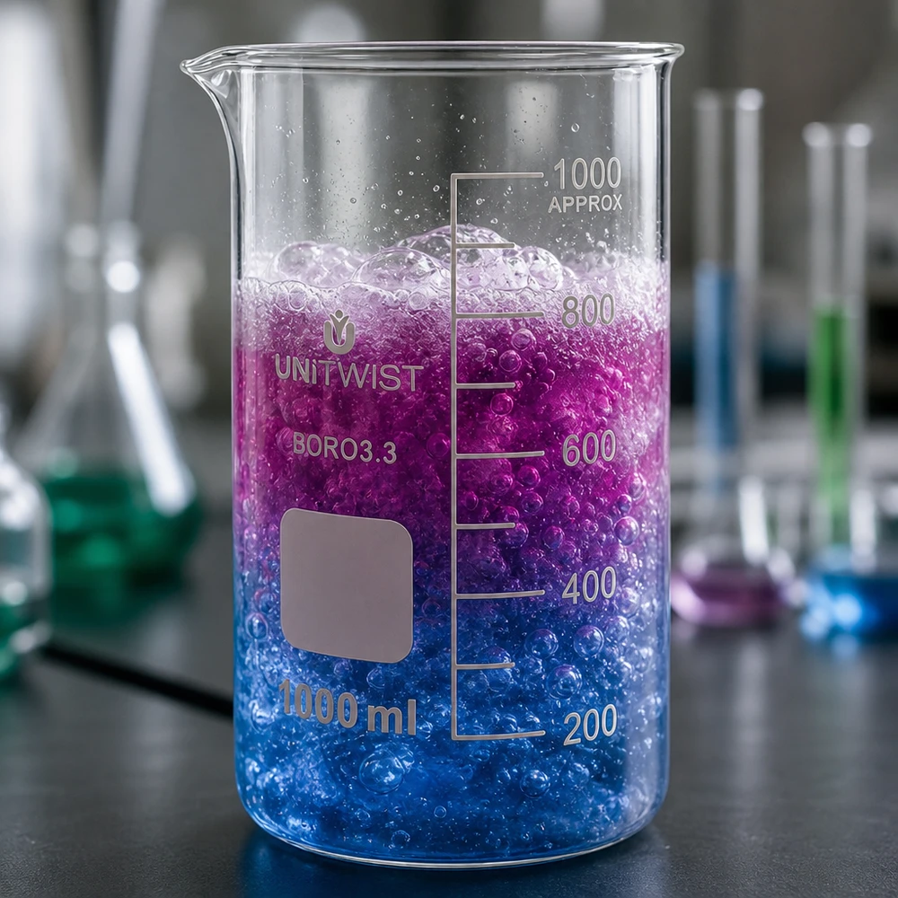 Bæger 1000 ml borosilikat, høj form UNITWIST UNITWIST Bægerglas 1000 ml, høj model, borosilikatglas med blå-violet farveovergang, til eksperimenter i laboratoriet