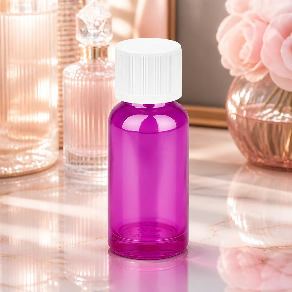 20 ml flaske 11 mm skruelåg hvid standard børnesikret PurpleLine UT18/20 Kompakt 20 ml glasflaske i trendy lilla med hvid hætte til DIY-kosmetik og parfume