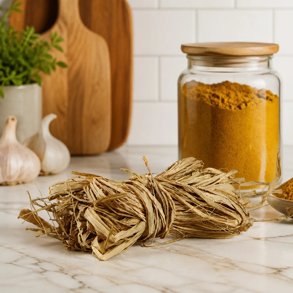 Naturbast til dekoration, 30 g Naturraffia 30 g gyldenbeige på marmorbordplade med køkkenredskaber viser naturlige dekorative fibre til hjemmet