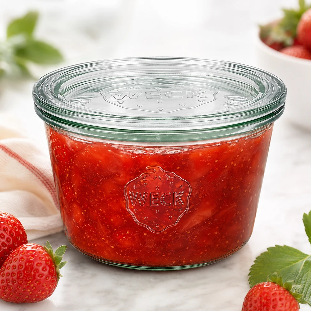 370 ml krukke med glaslåg WECK RR100 WECK glas 370 ml RR100 fyldt med rød jordbærmarmelade omgivet af friske jordbær på en hvid overflade