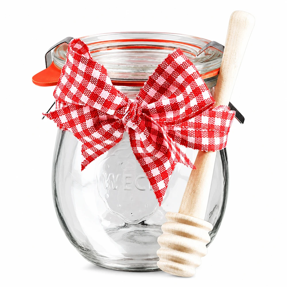 WECK mini tulipankrukke 220 ml komplet med honningske WECK mini tulipankrukke 220 ml med låg, rød sløjfe og honningske i træ, komplet sæt med syltekrukker