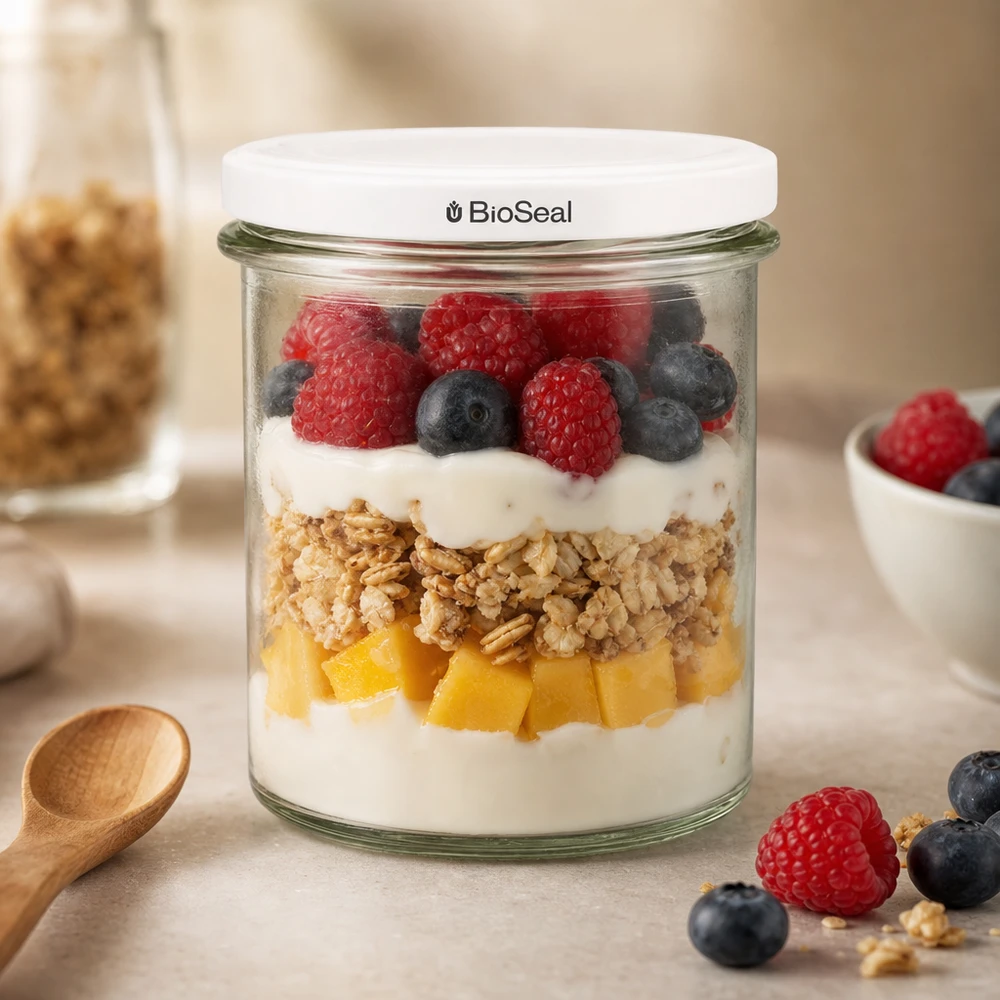 UNiTWIST Lintel350 med hvidt låg TO82 BioSeal UNiTWIST Sturz350 als stylisches Dessertglas mit Beeren Granola und Joghurt zeigt moderne Küchenästhetik TO82 BioSeal