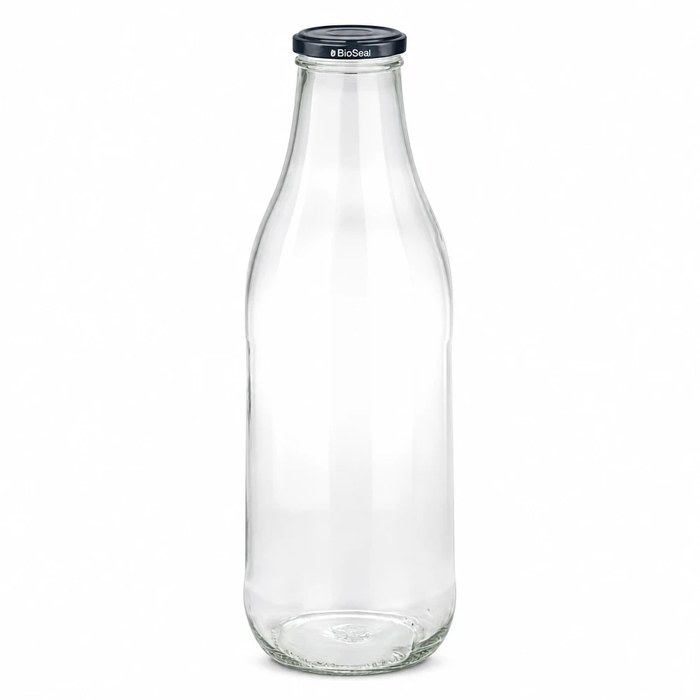 1000 ml glasflaske + BioSeal-låg sort UNiTWIST. Absolut lækagesikker med stort TO48-låg. Til mælk, juice og limonade. 1000 ml glasflaske med sort BioSeal-låg, tom, gennemsigtig mælkeflaske, juiceflaske, bæredygtig
