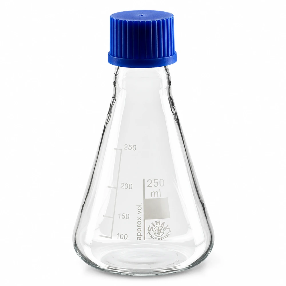 Erlenmeyer-kolbe 250 ml med skruelåg Erlenmeyer-kolbe 250 ml af glas med blåt skruelåg til laboratoriebrug