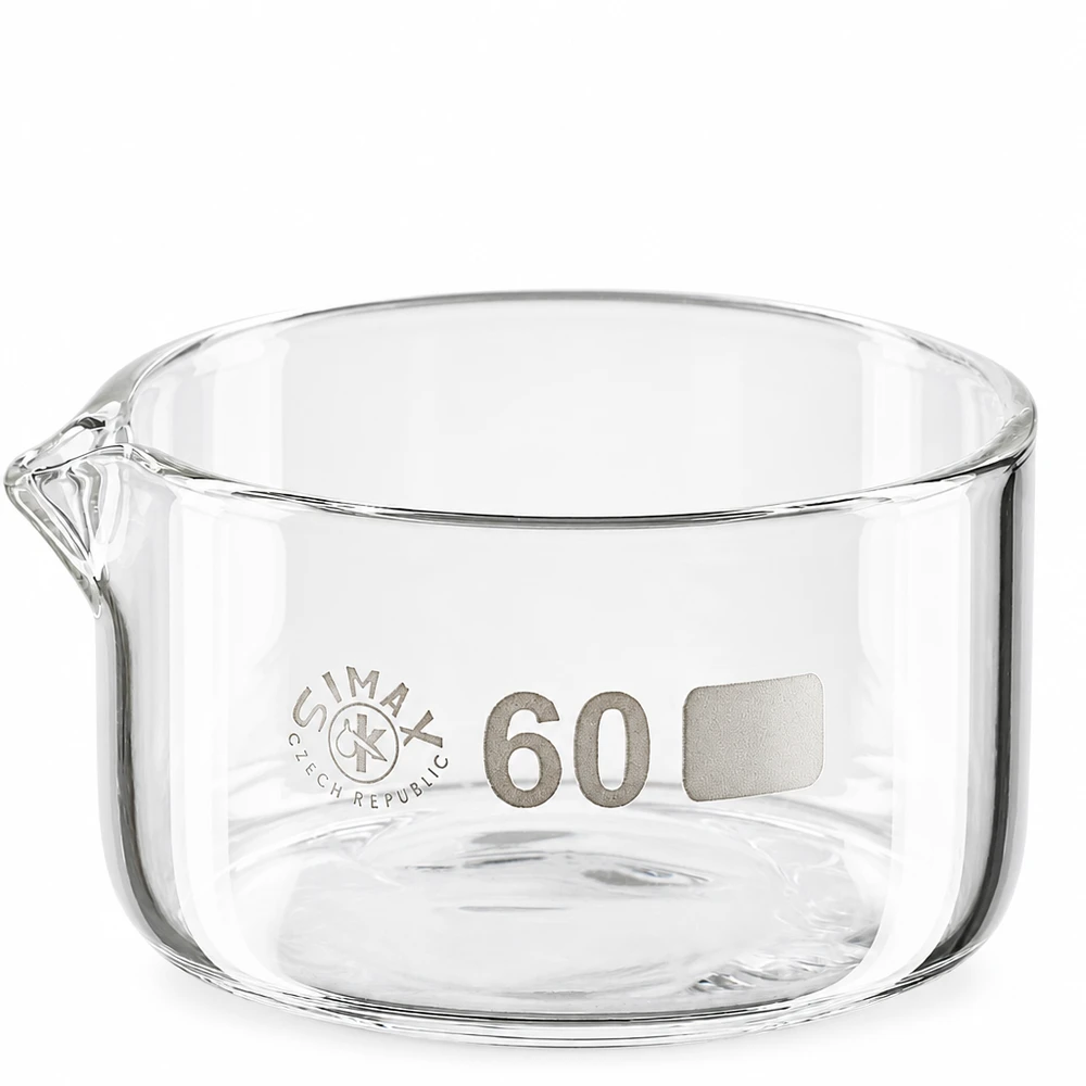 Krystalliseringsskål 60 ml, borosilikatglas med tud, gennemsigtig, cylindrisk, Simax, Tjekkiet