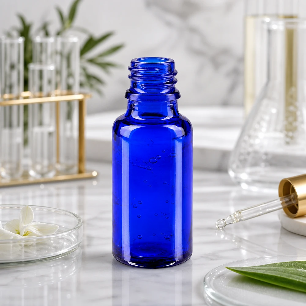 Dropperflaske 20 ml DIN 18 BLÅT GLAS 20 ml ApoGlas-flaske i elegant blå med praktisk dråbehætte til præcis dosering