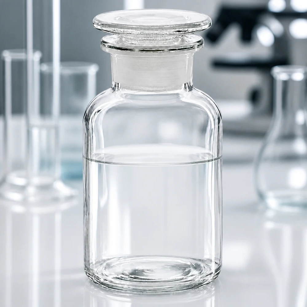 Rund skulderflaske 250 ml klar glasprop med bred hals Borosilikatglasflaske med bred hals, 250 ml, med indslibet glasprop på laboratoriebordet