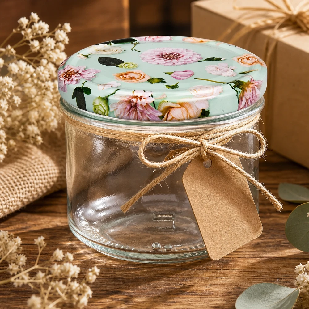 230 ml cylinderglas + BasicSeal låg Blume mint Tom 230 ml cylinderkrukke med BasicSeal-låg blomstermynte som gaveidé - opbevaringskrukke dekoreret med jutebånd