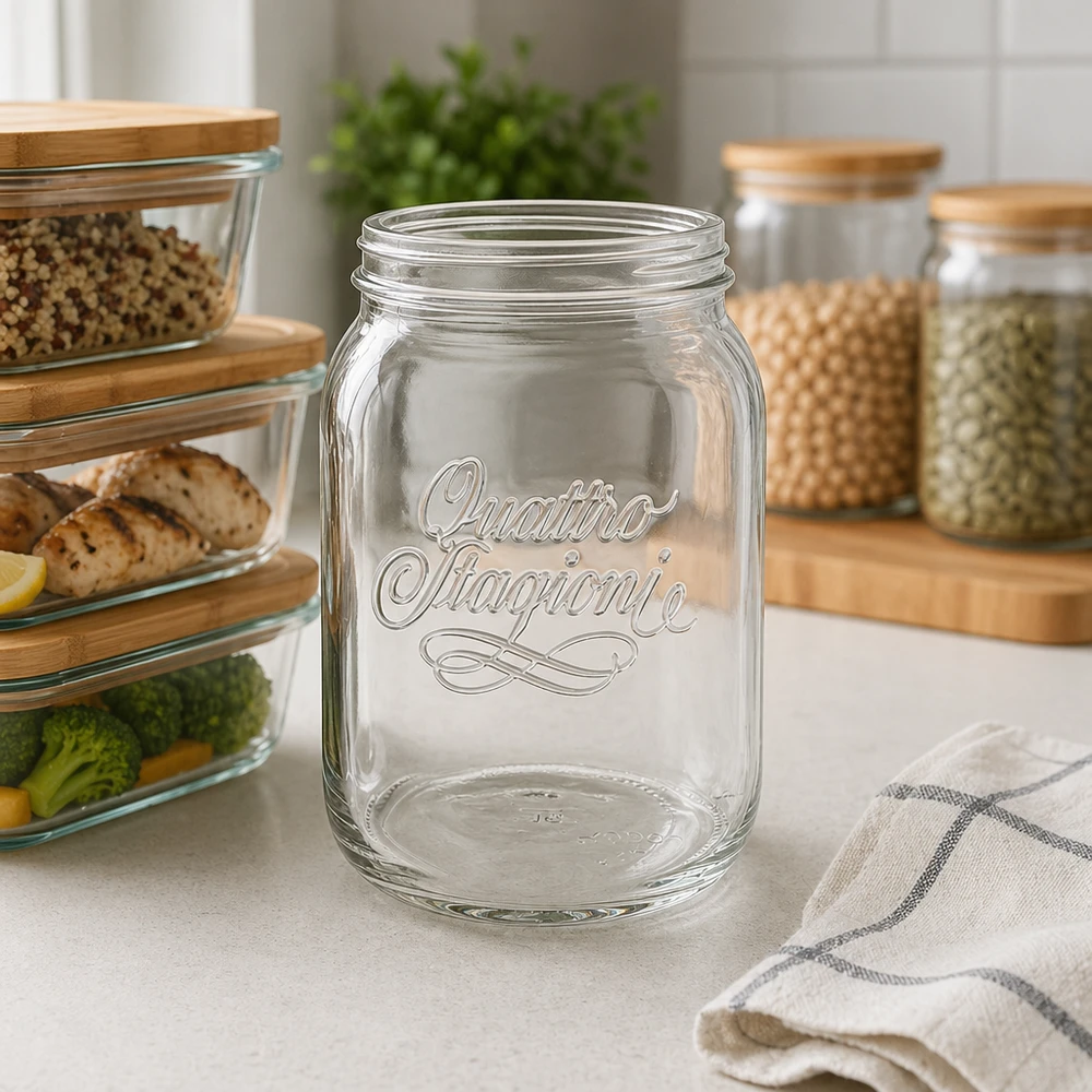 2000 ml husholdningsglas "Quattro Stagioni" 2000ml Quattro Stagioni Haushaltsglas mit Schriftzug in moderner Küche zwischen Vorratsgläsern und Küchenorganisation