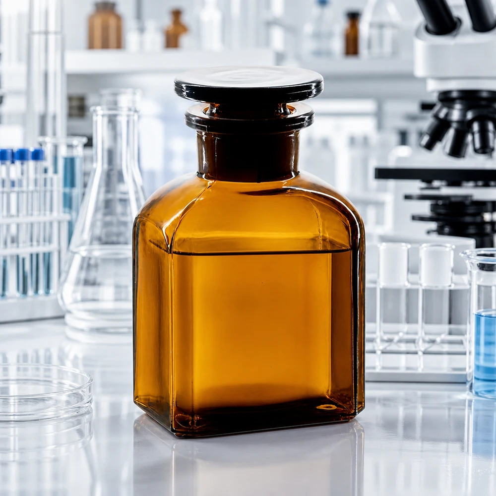 Firkantet flaske 150 ml brun glasprop med bred hals Firkantet brun glasflaske, 150 ml, med bred hals og glasprop, på et hvidt laboratoriebord ved siden af et mikroskop