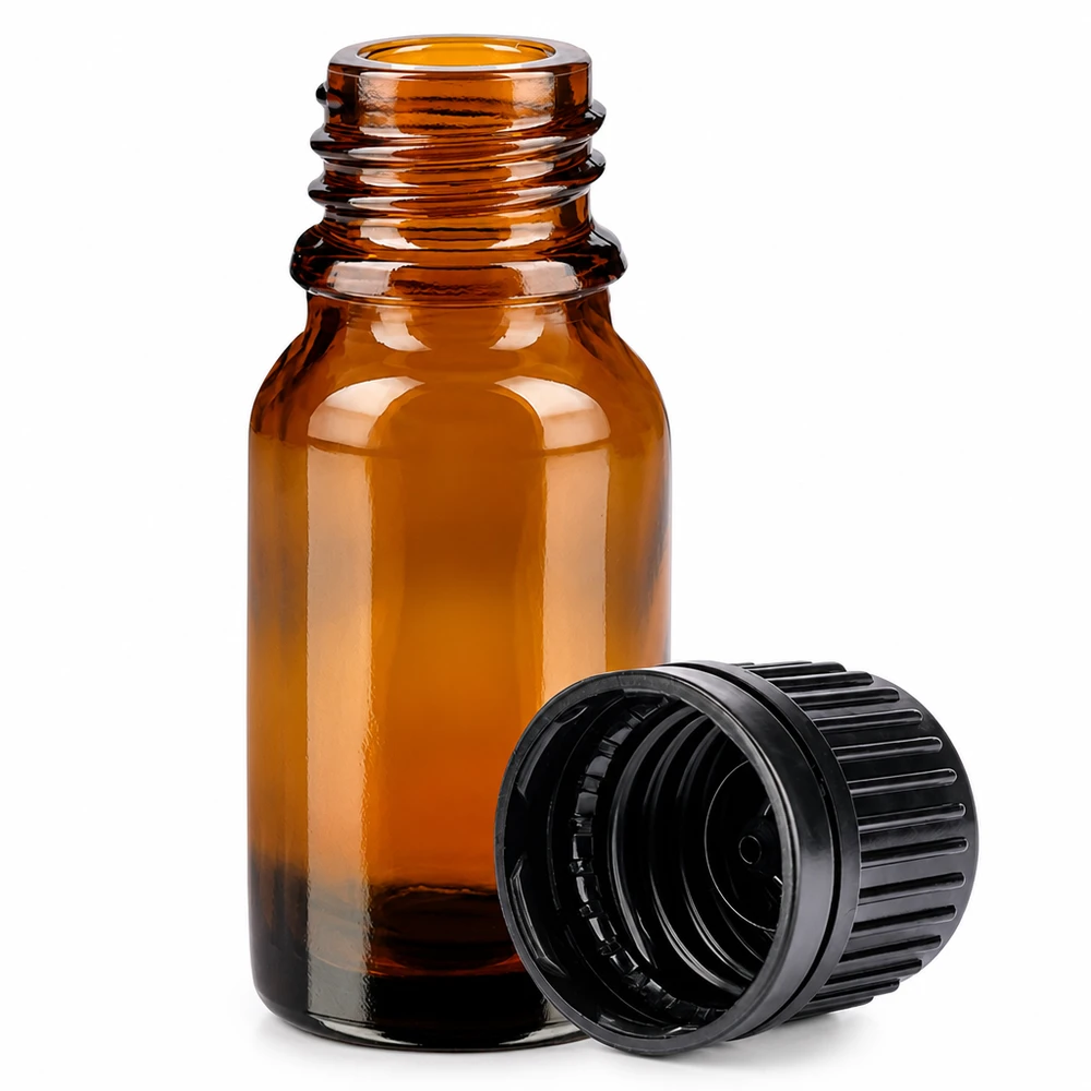 10 ml flaske 11 mm SV sort OV BrownLine UT18/10 Lille 10 ml ravfarvet glasflaske med riflet sort hætte til UV-beskyttelse og sikker opbevaring