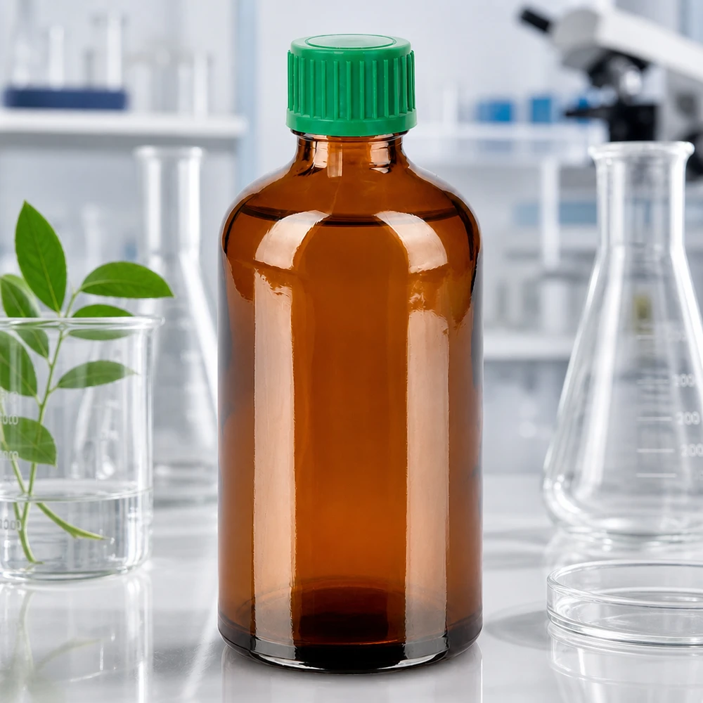 100 ml flaske 11 mm SV grøn OV BrownLine UT18/100 BrownLine glasflaske 100 ml med UV-beskyttelse og grøn 11 mm hætte til laboratoriebrug