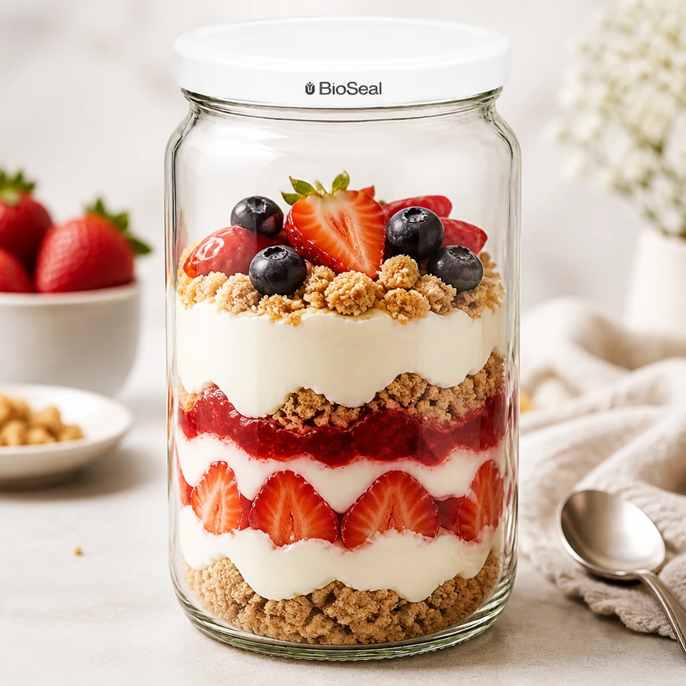UNiTWIST Runda795 med hvidt låg TO82 BioSeal UNiTWIST Runda795 dessertglas med lagdelt yoghurt og bærparfait - alsidig til søde kreationer og desserter