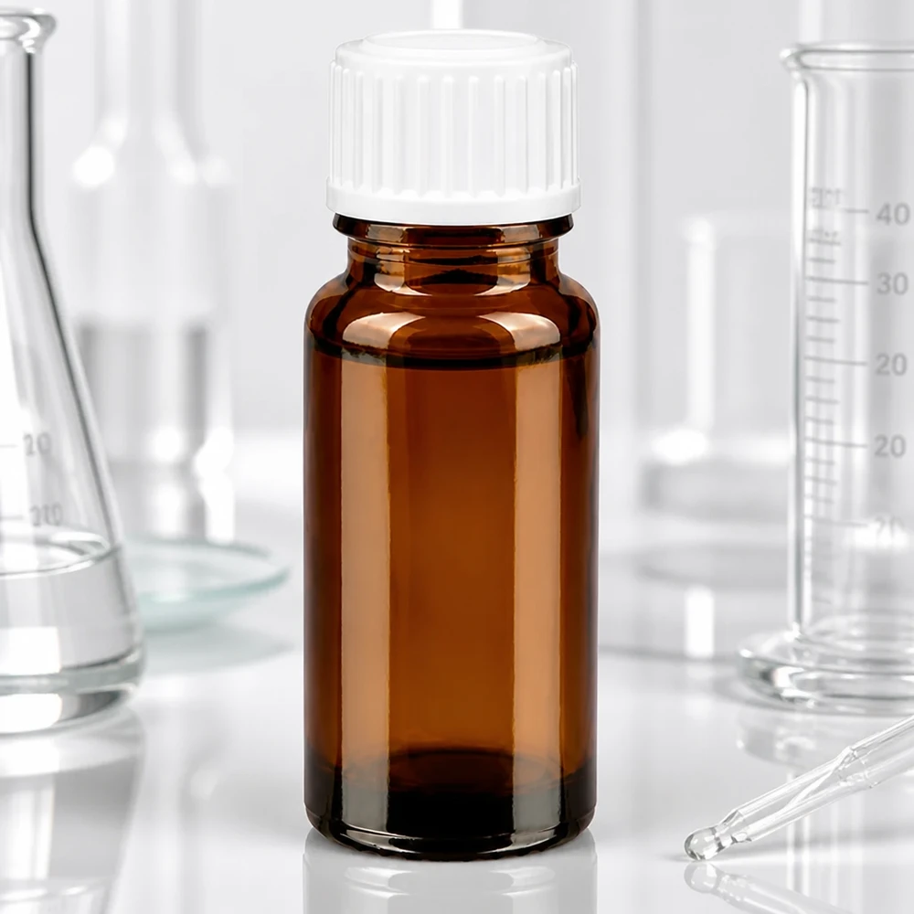 Apotekerflaske brun 10ml dråbetæller hvid 0,8mm stk. Brun glasflaske på 10 ml med hvid børnesikret lukning i laboratoriet