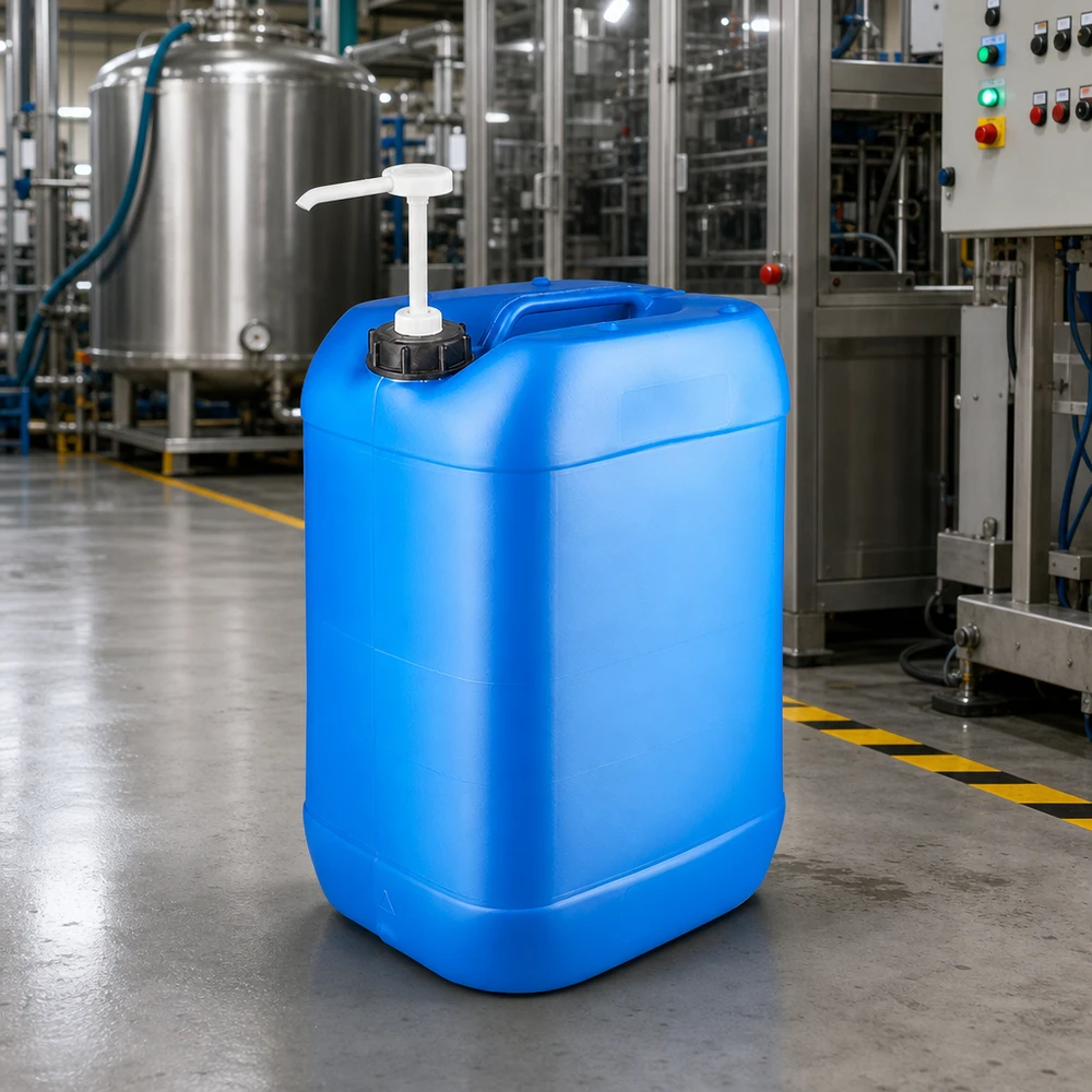 25 liters blå dunk med doseringspumpe Blå 25-liters HDPE-kanister med doseringspumpe i et industrielt produktionsmiljø