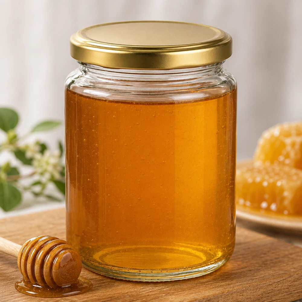 450 g BasicSeal honningkrukke med gyldent låg fyldt med flydende honning Honningske i træ Honeycomb Biavl Naturprodukt