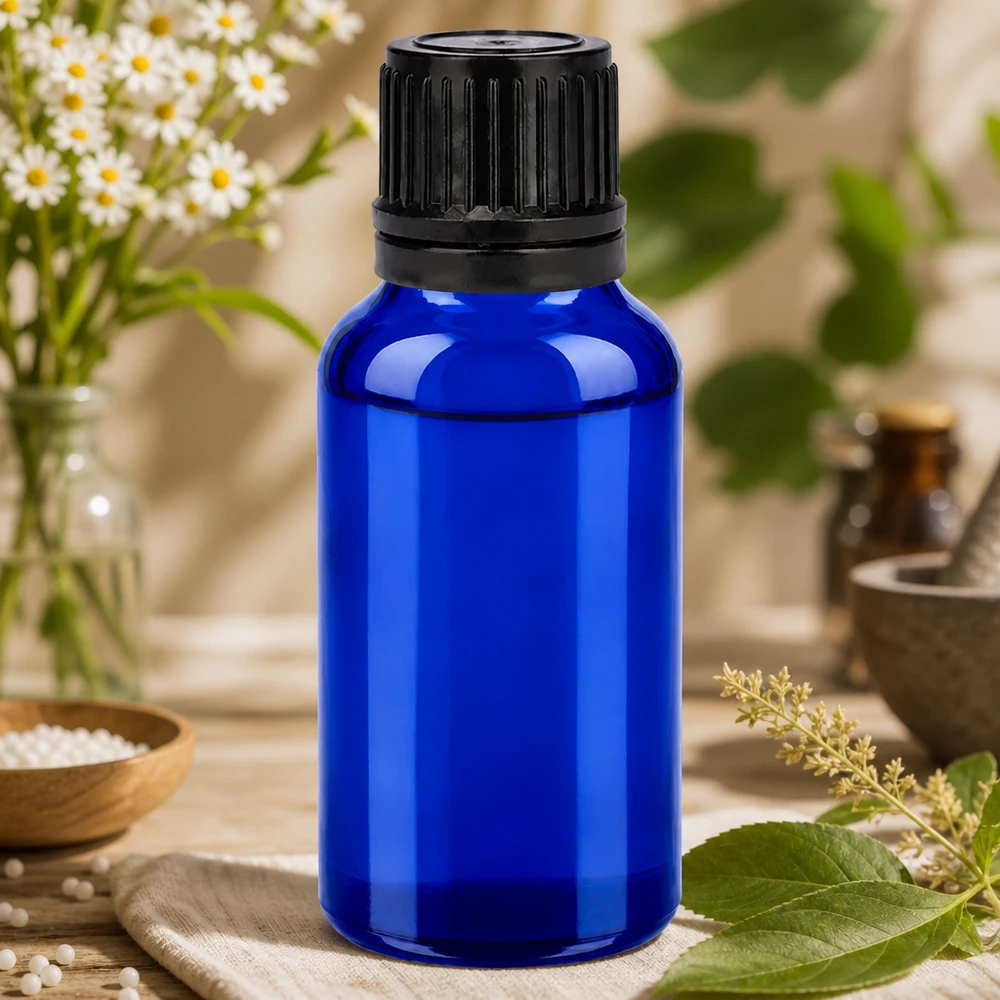 Elegant BlueLine-glasflaske 20 ml med rillet sort hætte til professionel brug