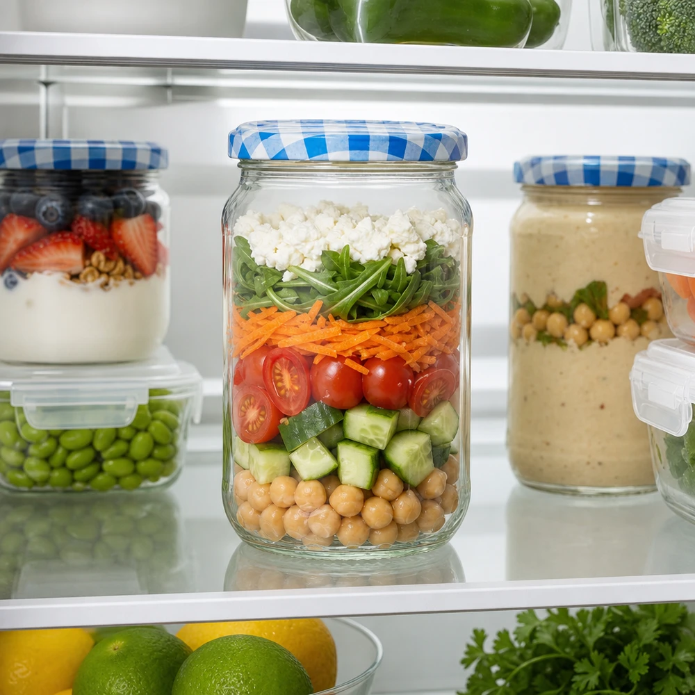 1062 ml rund krukke + BasicSeal-låg blå/hvid UNiTWIST 1062 ml rund krukke fyldt med lagdelt salat i køleskabet, praktisk løsning til tilberedning af måltider med BasicSeal-låg