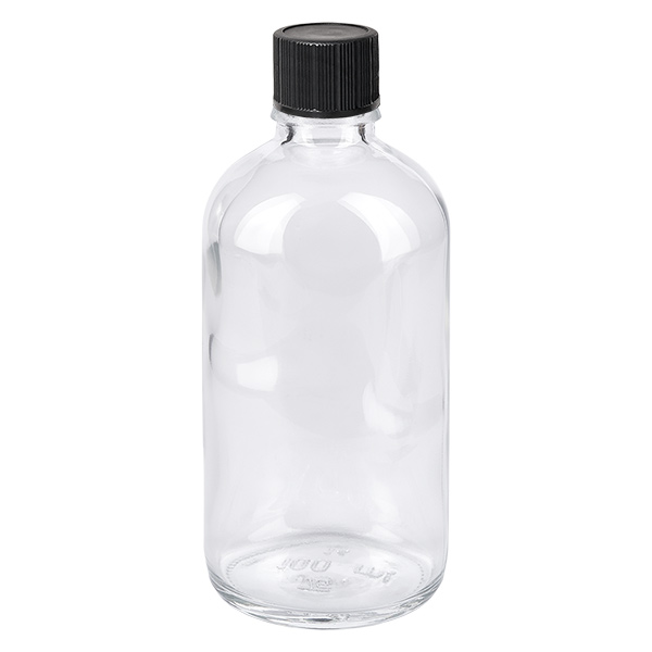 100 ml dråbeflaske 1 mm sort STD ClearLine UT18/100 Gennemsigtig glasflaske på 100 ml med sort skruelåg ClearLine dråbeflaske UT18