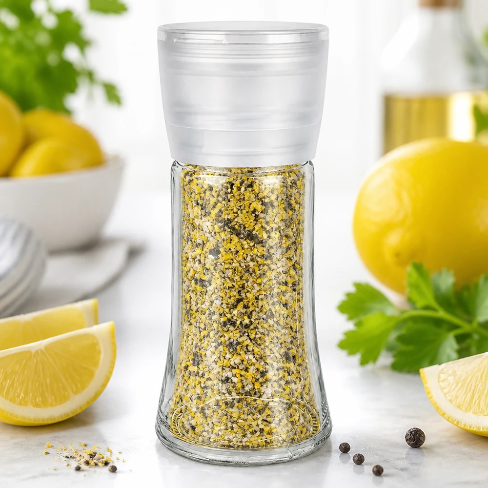 Salt-/krydderikrukke 95 ml med kværn, Vario, hvid Krukke med citronpeber 95 ml med hvid Vario-kværn ved siden af friske citronskiver