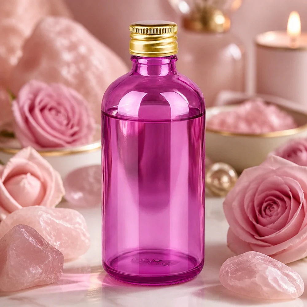100 ml flaske 11 mm skruelåg aluminium guld standard PurpleLine. UT18/100 Kompakt 100 ml apoteksflaske af violet glas med professionel aluminiumshætte