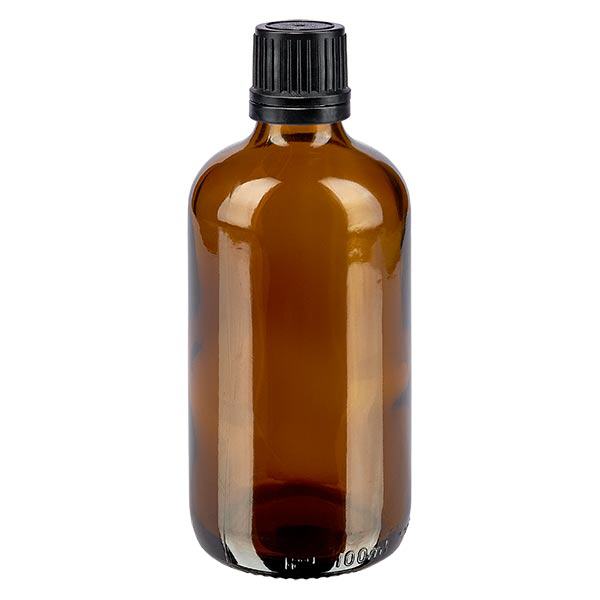 Apoteksflaske brun 100ml skruelåg sort hælde r. OV
