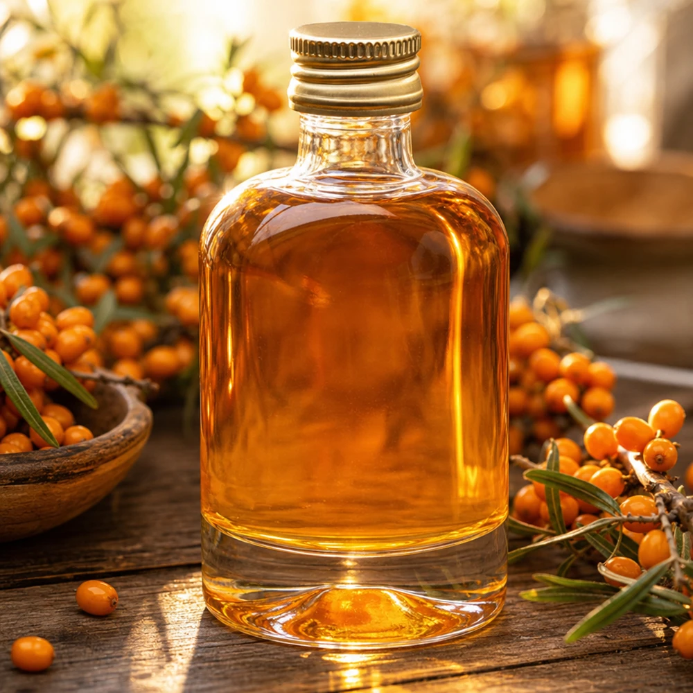 40 ml glasflaske »Sara« med skruelåg i guld UNiTWIST® 40 ml glasflaske Sara fyldt med havtornolie - gylden UNiTWIST-låg mellem friske havtornbær