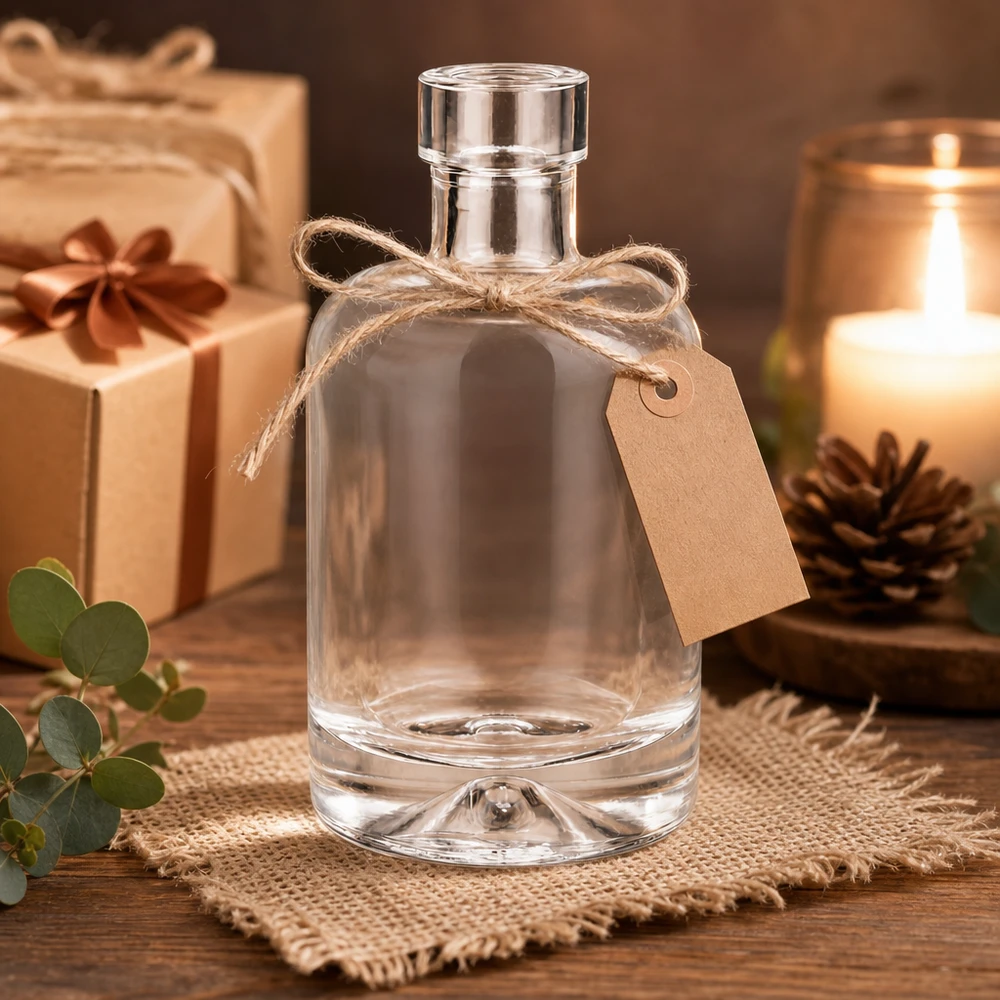 50 ml glasflaske 50ml Glasflasche "Amelie" ohne Verschluss UNiTWIST uden låg UNiTWIST® 50 ml glasflaske Amelie tom med gavedekoration og stearinlys viser ædel præsentation som gaveemballage