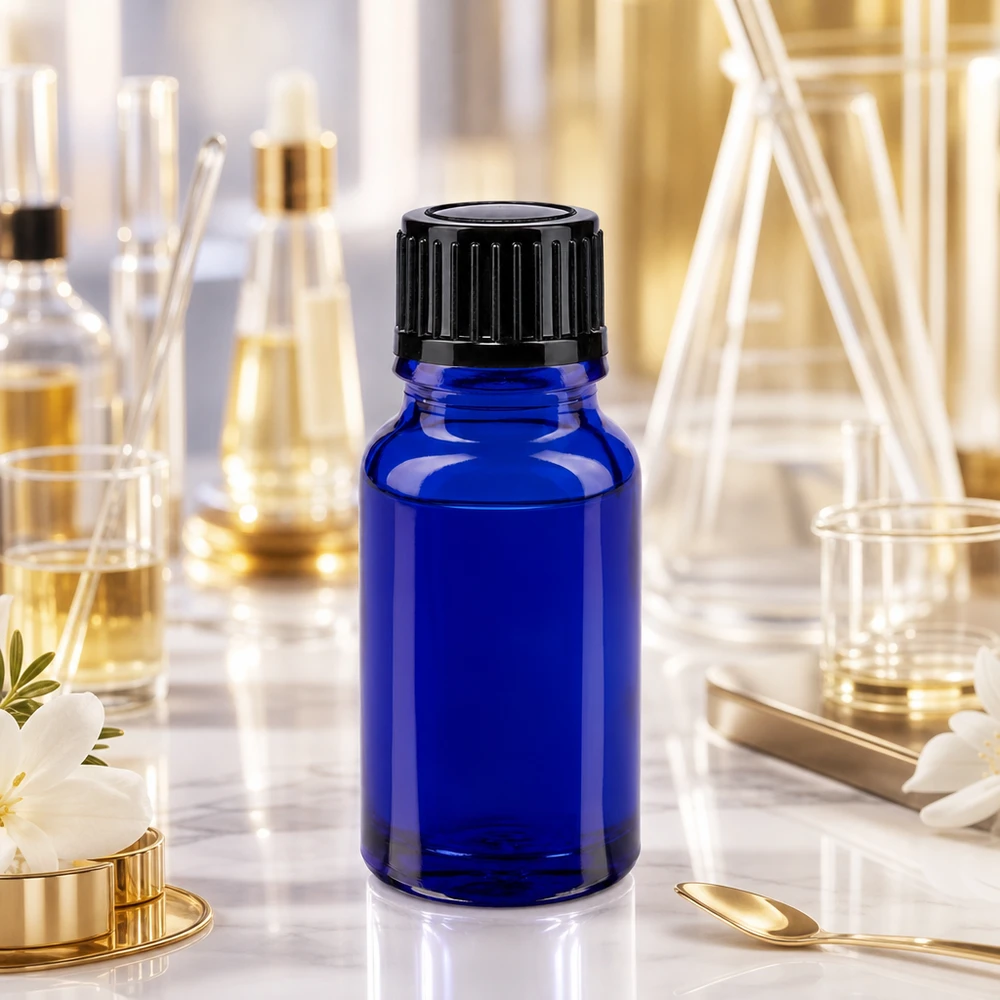 10 ml farmaceutisk glasflaske i blå med 1 mm præcisionsdråbetæller og børnesikret låg