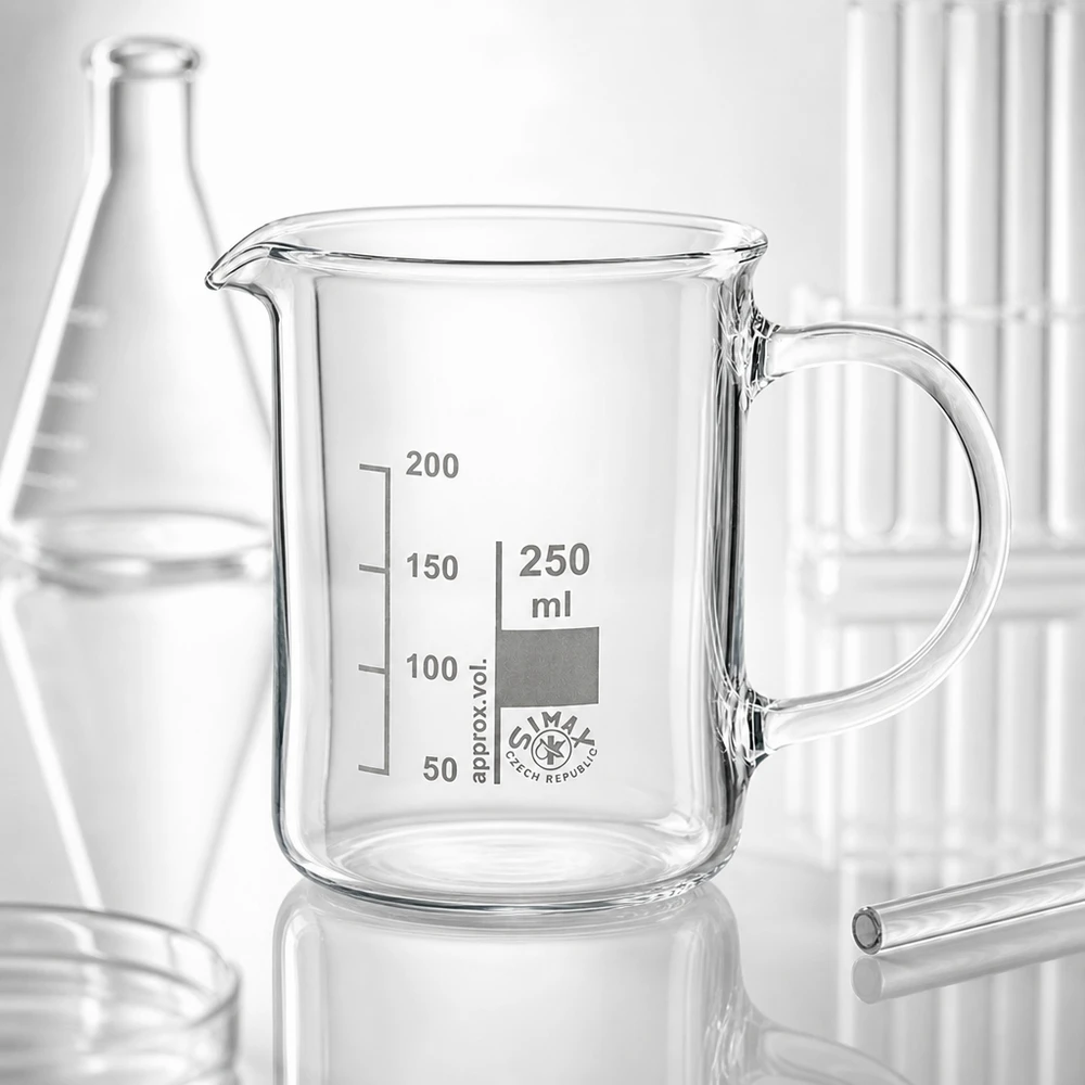 Bæger 250 ml borosilikatglas, med håndtag Becherglas 250 ml af borosilikatglas med hank og skala, der ligger mellem Erlenmeyer-kolber og reagensglas