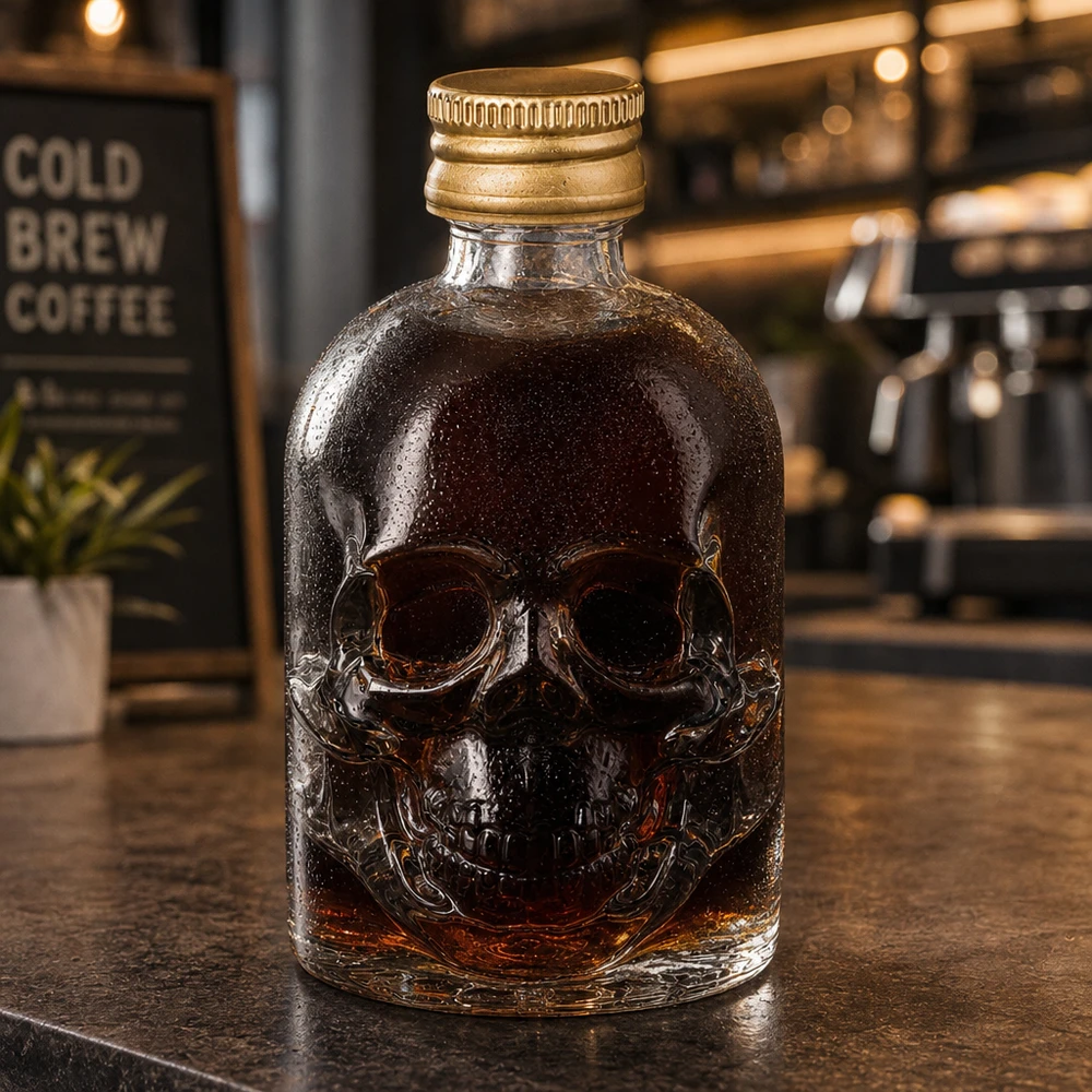 50 ml glasflaske »Hector« og skruelåg guld UNiTWIST® 50 ml Hector-glasflaske med kranierelief og guldskruelåg i caféstemning med koldbrygget kaffe