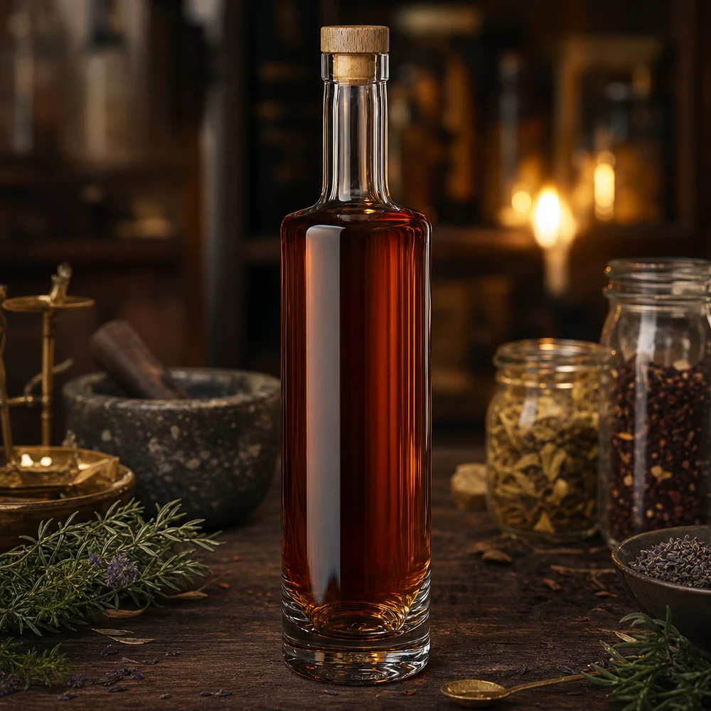 500 ml glasflaske »Lina« med træhåndtag UNiTWIST® 500ml Glasflasche Lina mit bernsteinfarbener Flüssigkeit und Holzkorken in rustikaler Küche mit Gewürzen und Kräutern