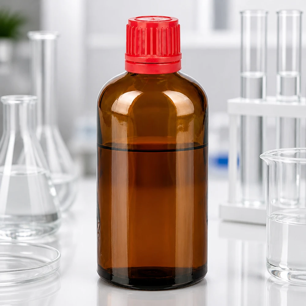 100 ml flaske 11 mm SV rød OV BrownLine UT18/100 UV-beskyttende ravfarvet glasflaske 100 ml med rød hætte til lysfølsomme stoffer