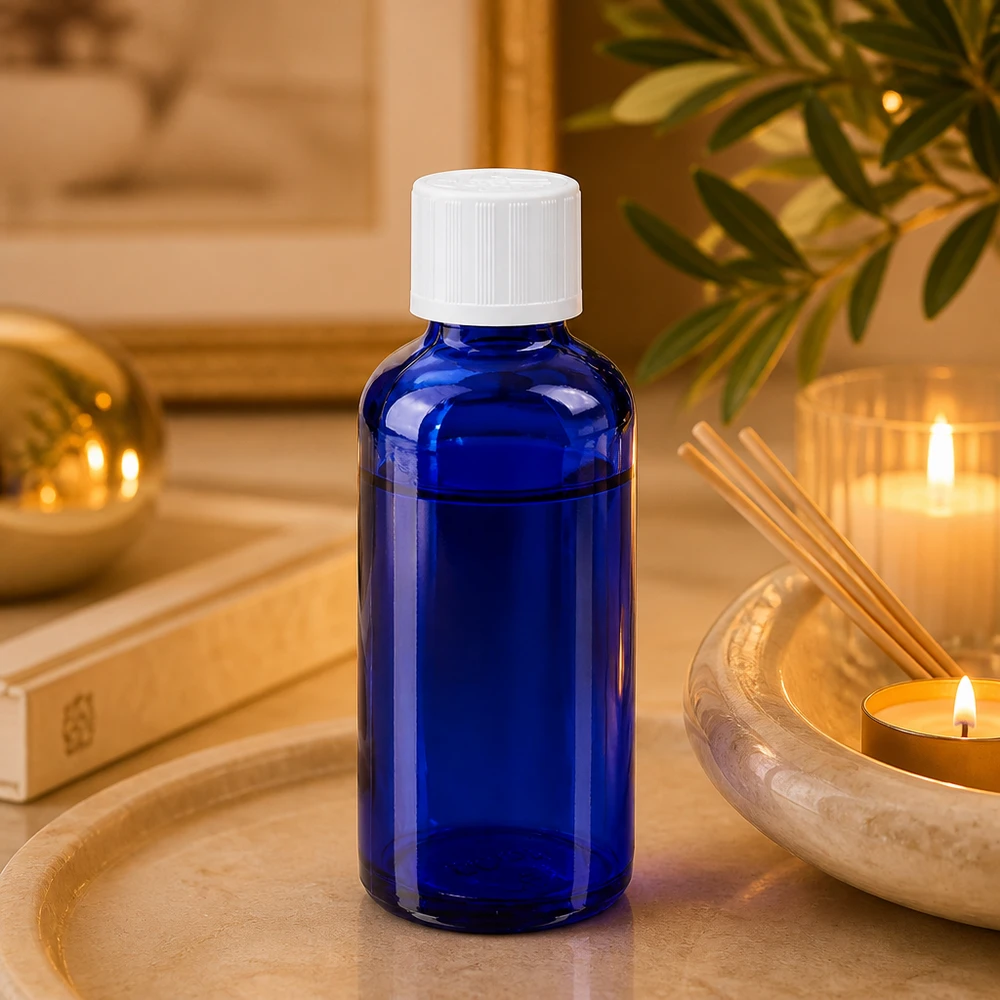 Blå 50 ml glasflaske med hvid skruelåg og børnesikring i et wellness-miljø