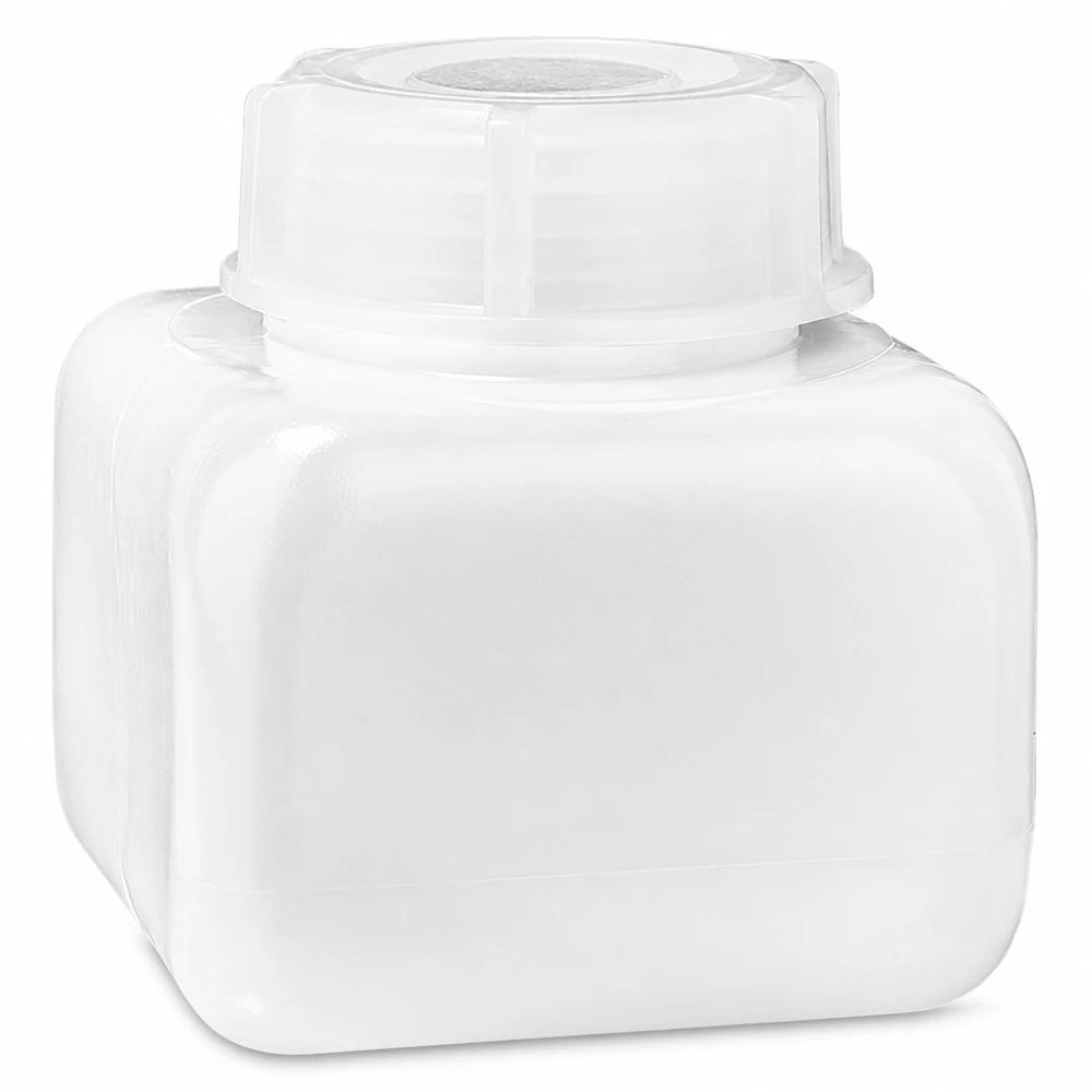 Kemikalieflaske 250 ml, bred hals fremstillet af PE-HD, naturfarvet Kemikalieflaske 250 ml, bredhalset, PE-HD, naturfarvet, firkantet form med bred skruelåg