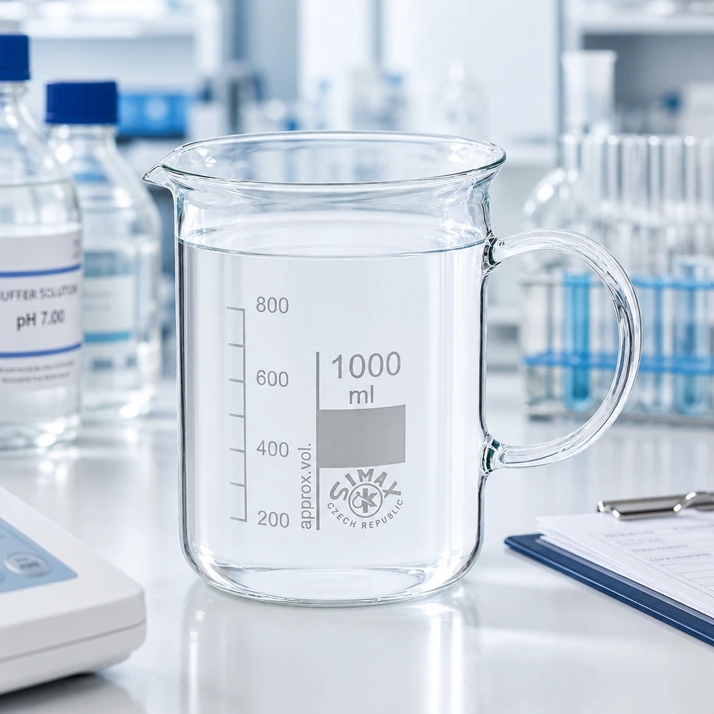 Bæger 1000 ml borosilikatglas, med håndtag Cylindrisk laboratoriebæger på 1000 ml med håndtag på en hvid laboratoriebordplade ved siden af en bufferopløsning