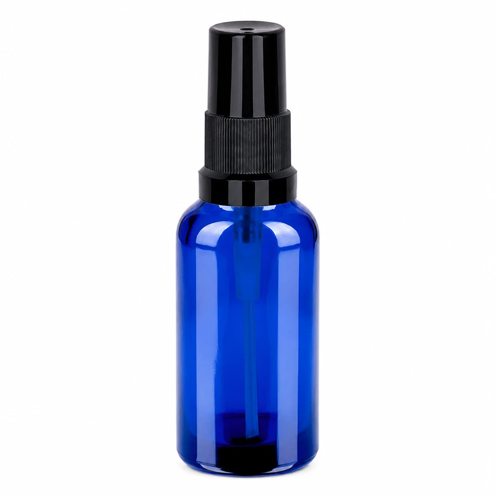 30 ml sprayflaske sort STD BlueLine UT18/30 30 ml sprayflaske blå med sort pumpehoved til æteriske olier og kosmetik