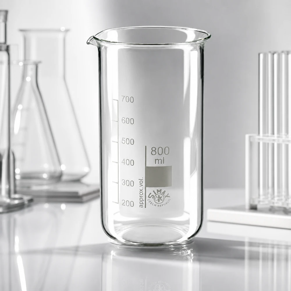 Bægerglas 800 ml borosilikatglas, høj form Gennemsigtigt laboratoriebæger, 800 ml, høj model, fremstillet af varmebestandigt borosilikatglas fra SIMAX
