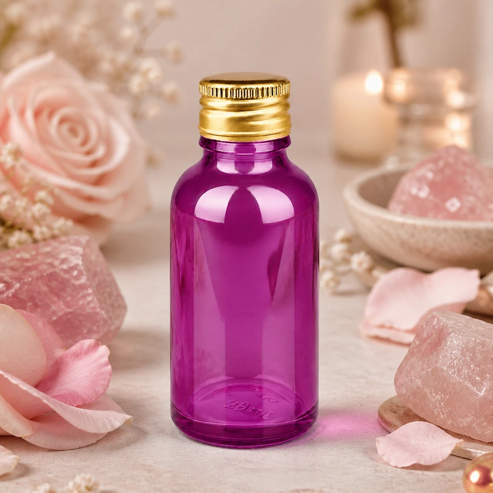 30 ml flaske 11 mm skruelåg aluminium guld standard PurpleLine. UT18/30 30 ml glasflaske af høj kvalitet i premium-lilla med korrosionsbestandig aluminiumshætte for holdbarhed