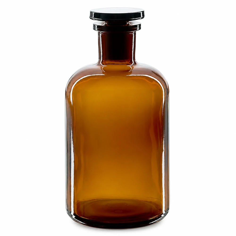 Rund skulderflaske 500 ml brun glasprop med smal hals Brun flaske med runde skuldre, 500 ml, med glasprop og smal hals til laboratoriebrug