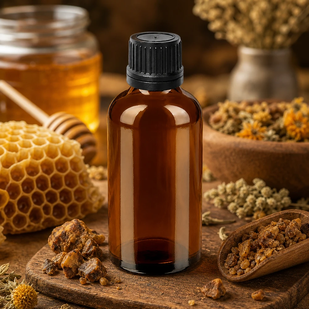 50 ml dråbeflaske 1 mm sort OV BrownLine UT18/50 50 ml apotekerflaske af høj kvalitet lavet af brunt UV-beskyttende glas med sort hætte til naturprodukter