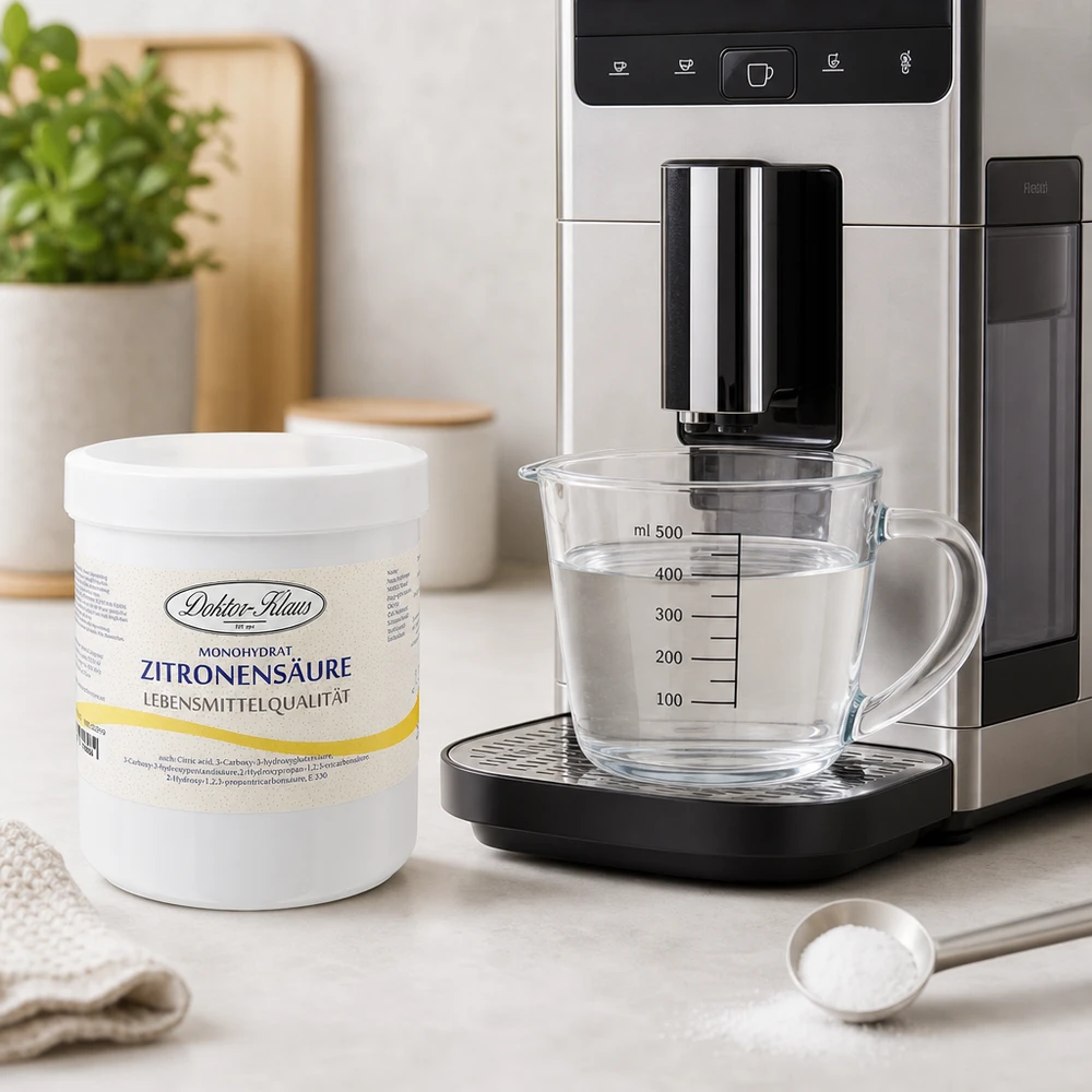 500 g citronsyre Doktor-Klaus Citronsyre Doktor-Klaus 500g ved siden af kaffemaskinen til afkalkning og rengøring af husholdningsapparater