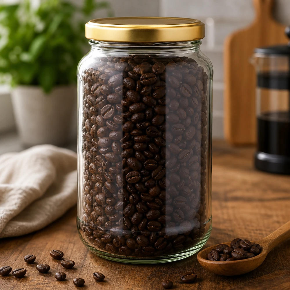 1700 ml rund krukke med BasicSeal-låg i guld UNiTWIST 1700 ml rund krukke med gyldent BasicSeal-låg fyldt med kaffebønner på træplade i køkken viser opbevaring